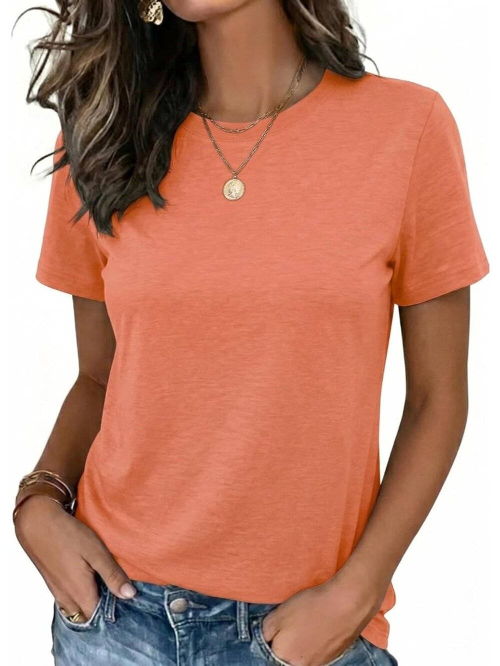 Women's Orange Short Sleeve Crew neck Casual Basic Imported Tee Shirts